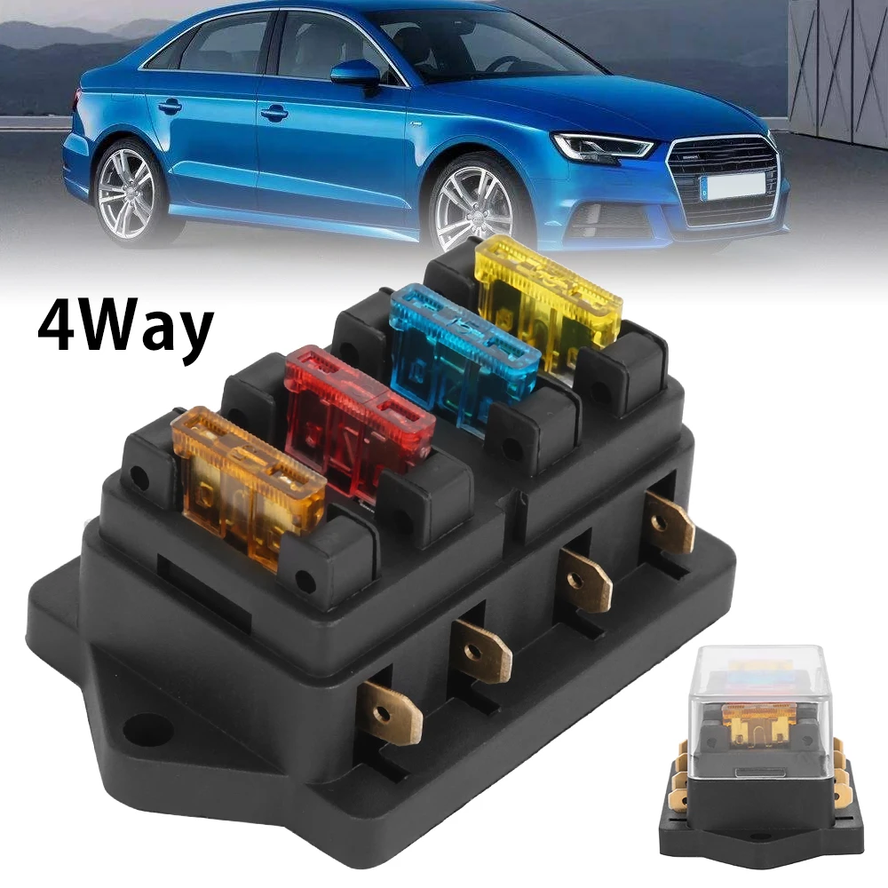 4-Way Car Boat Fuse Box Holder with 4 Fuse Blades Fuse Holder Block for Automotive Cars SUV Boats Marine Truck Accessories