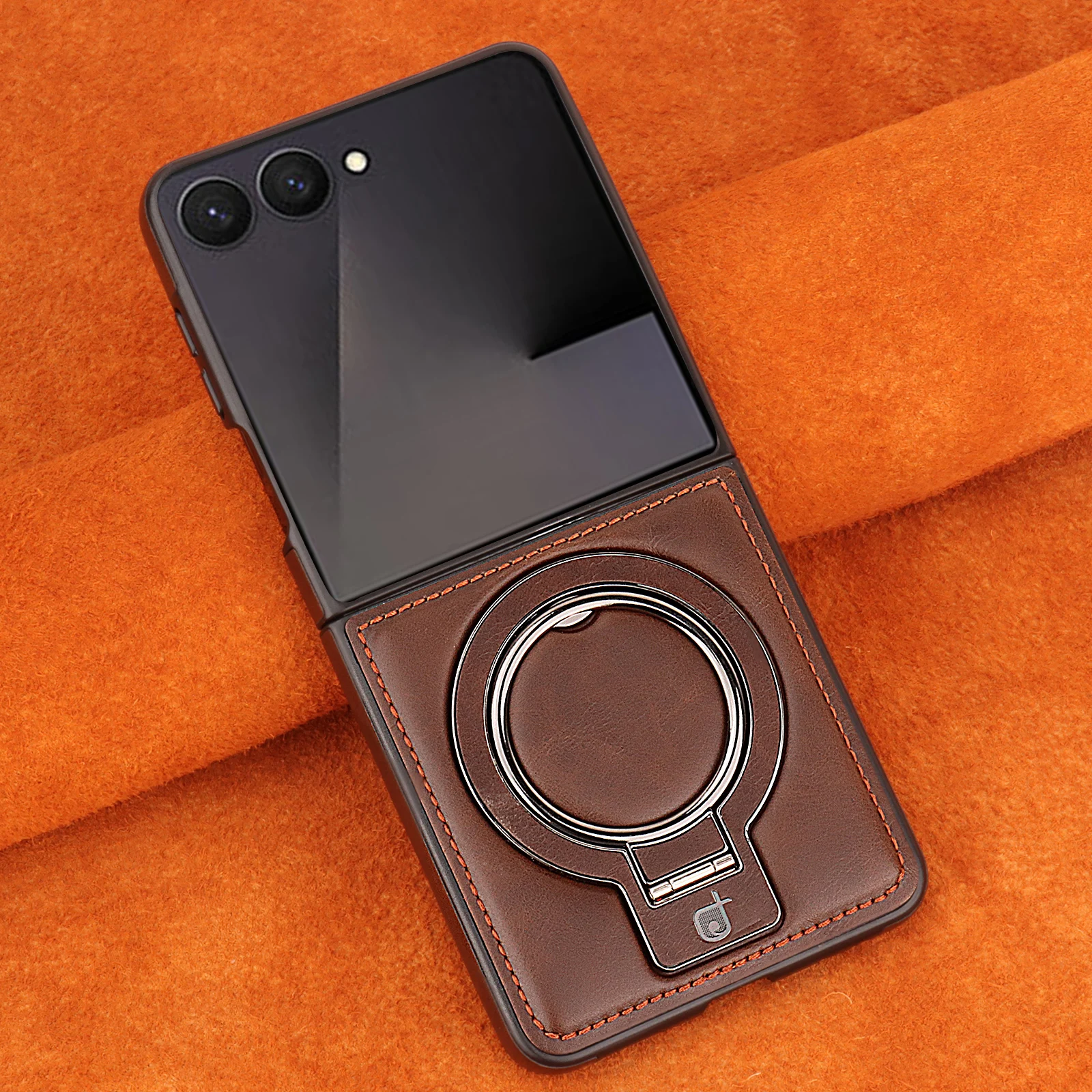 Premium Vintage Leather Case For Samsung Galaxy Z Flip 8 7 6 5 4 With Metal Finger Ring Stand Vintage Stylus