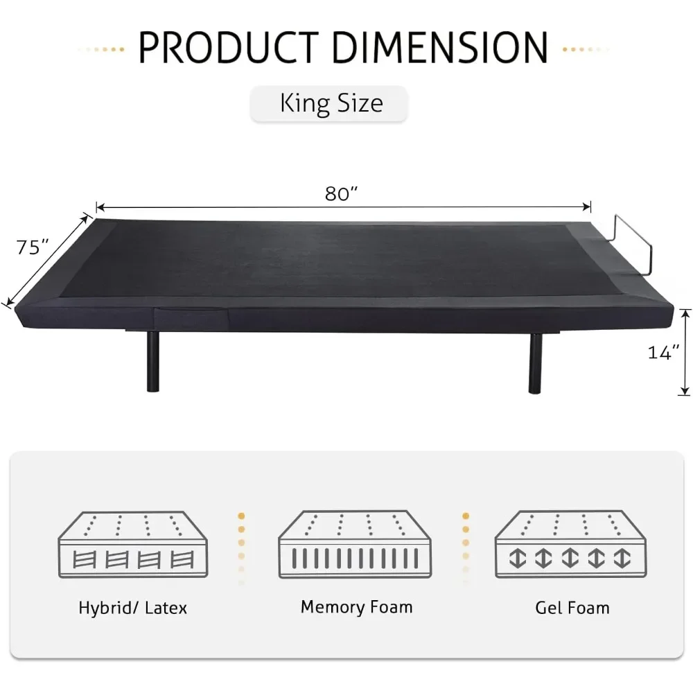 King Adjustable Bed Frame with Upgraded Motors, Wireless Remote Control, Independent Head & Foot Incline, Upholstered Bed Frame