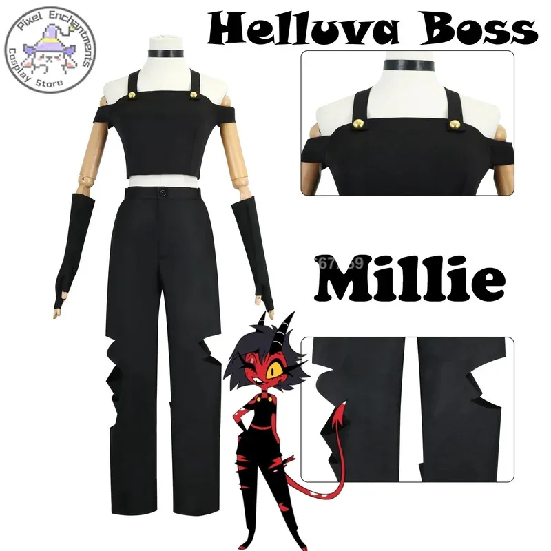 

Anime Movie Helluva Boss Millie Cosplay Costume Women Tops Pants Wig Role Play Halloween Party Outfit