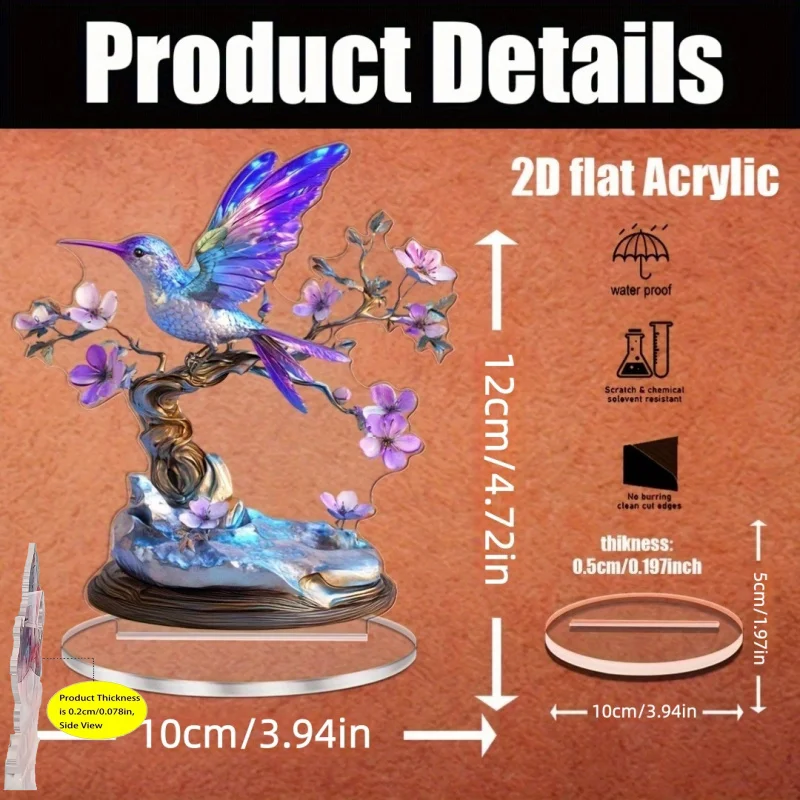 2D Flat Acrylic Stand, Hummingbird With Flower Branch Figurine Ornament, Waterproof Acrylic Table Decoration for Home Desktop Di