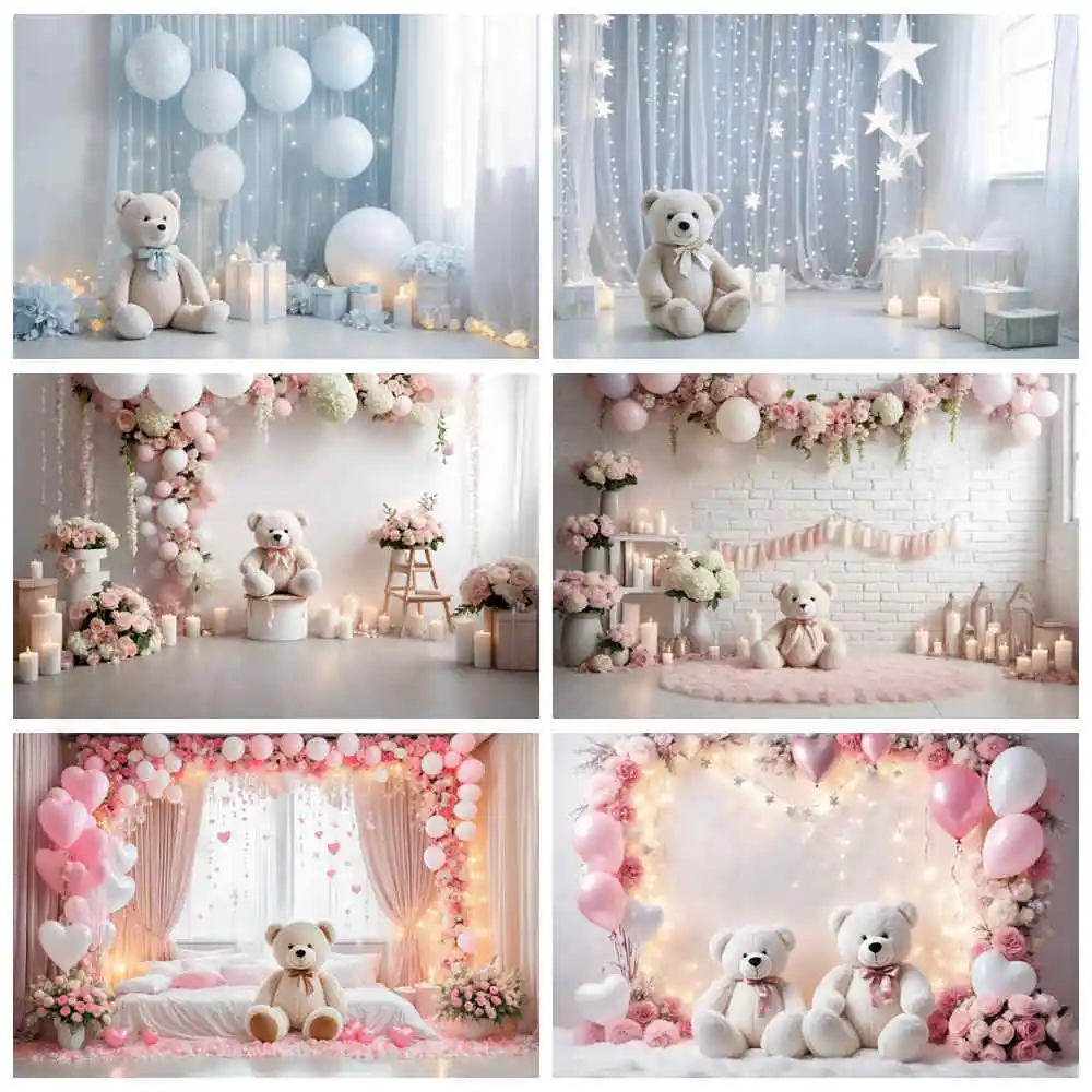 

MOON.QG Teddy Bear Indoor First Birthday Party Backdrop Boy Girl Flower Balloon Garland Background Sign Photography Studio Props