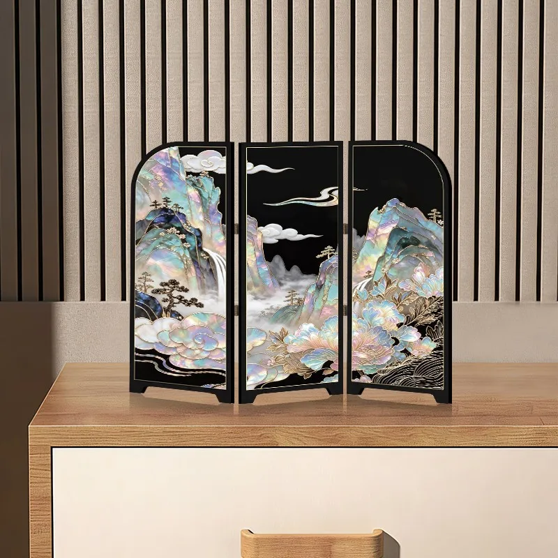 Lacquered 3-fold Screen Partition. Antique Fan-style Screen Partition. Desktop Decorative Painting With Lacquer Painting.
