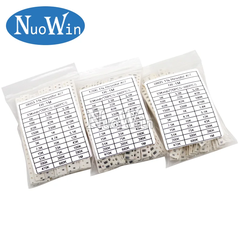 0402 0603 0805 1206 1210 2010 2512 SMD Chip Resistor Sample Kit Alloy Resistance Assorted Set 1% 5% 10R 100R 220R 1K 10K 100K