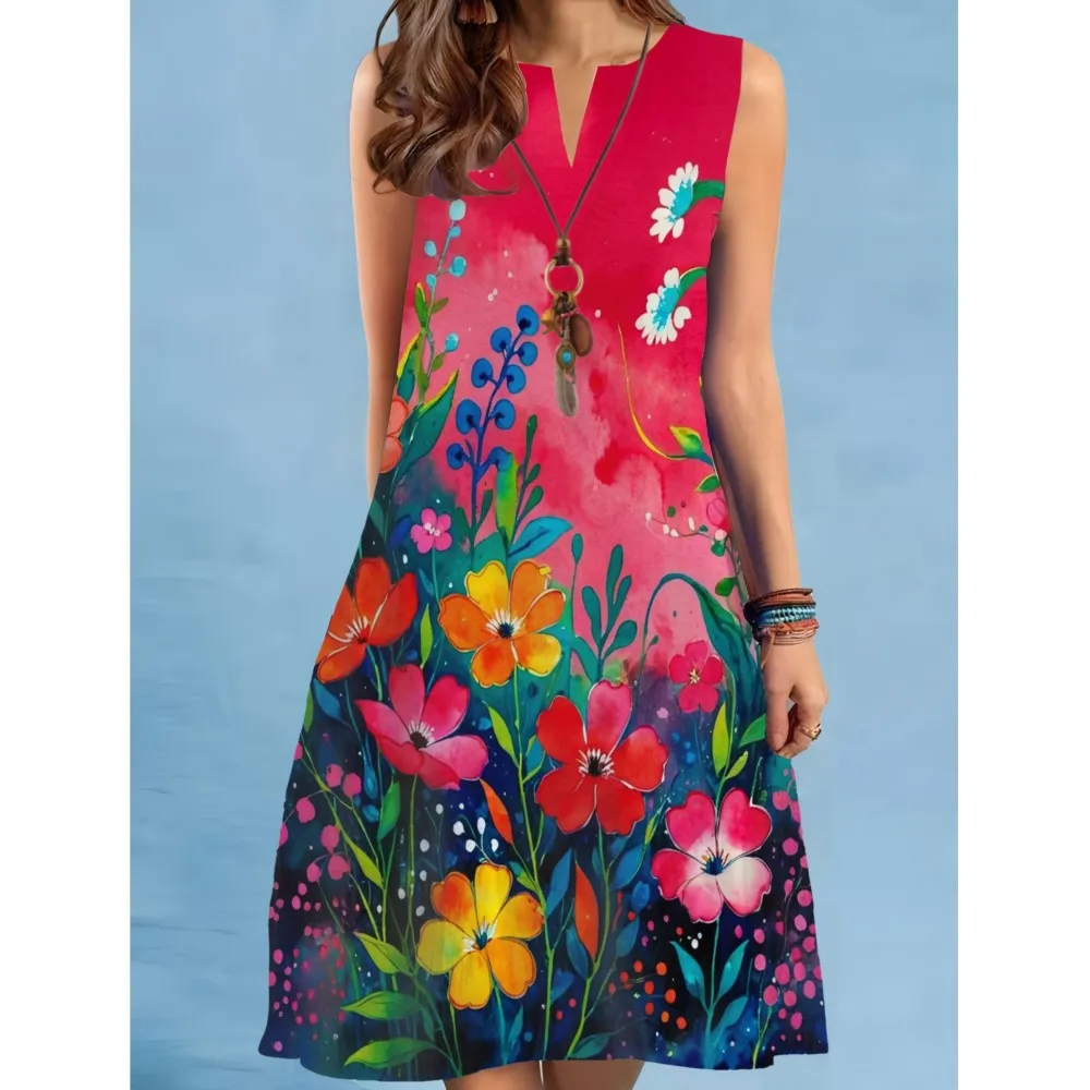 유행 꽃 미니 드레스 2025 여성 v 넥 민소매 섹시한 프린트 a 라인 드레스 보헤미아 비치웨어 Платья Roupas Feminina