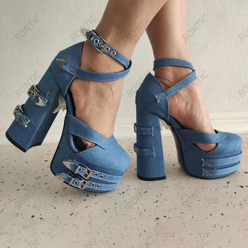Rontic Handmade Women Platform Pumps Denim Buckle Strap Chunky Heels Round Toe Pretty Blue Cosplay Shoes US Size 5-15 - view 3