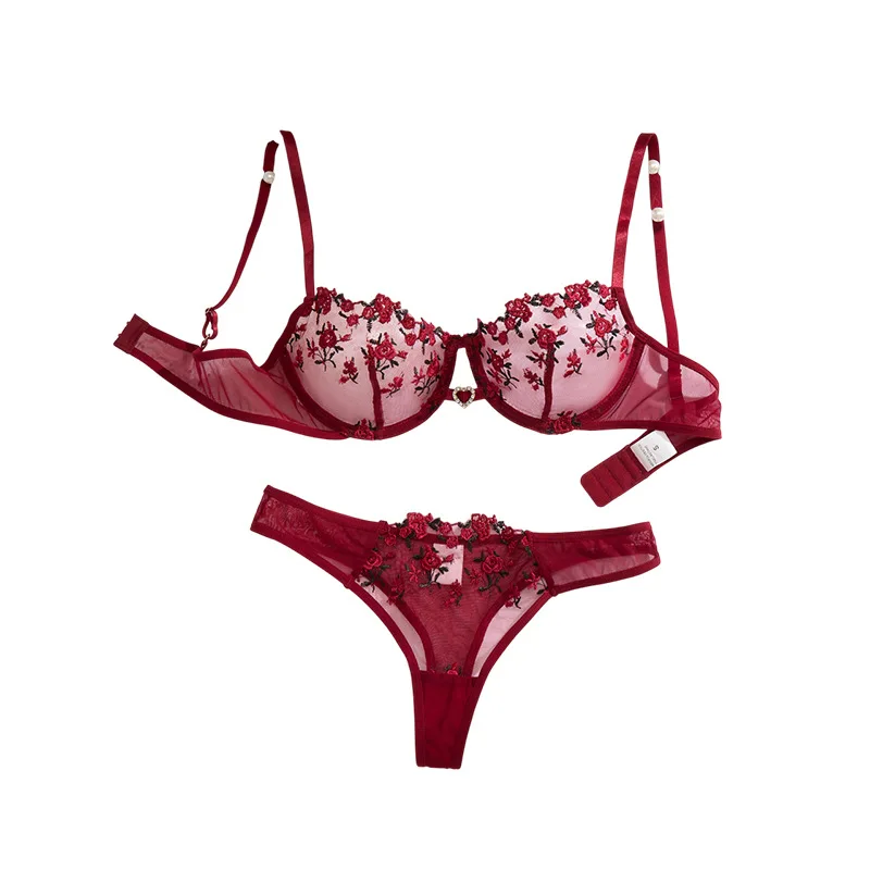 Ensemble de lingerie vintage français brodé de roses rouge vin - soutien-gorge en résille + T-shirt - lingerie féminine sexy et sensuelle ZA824026