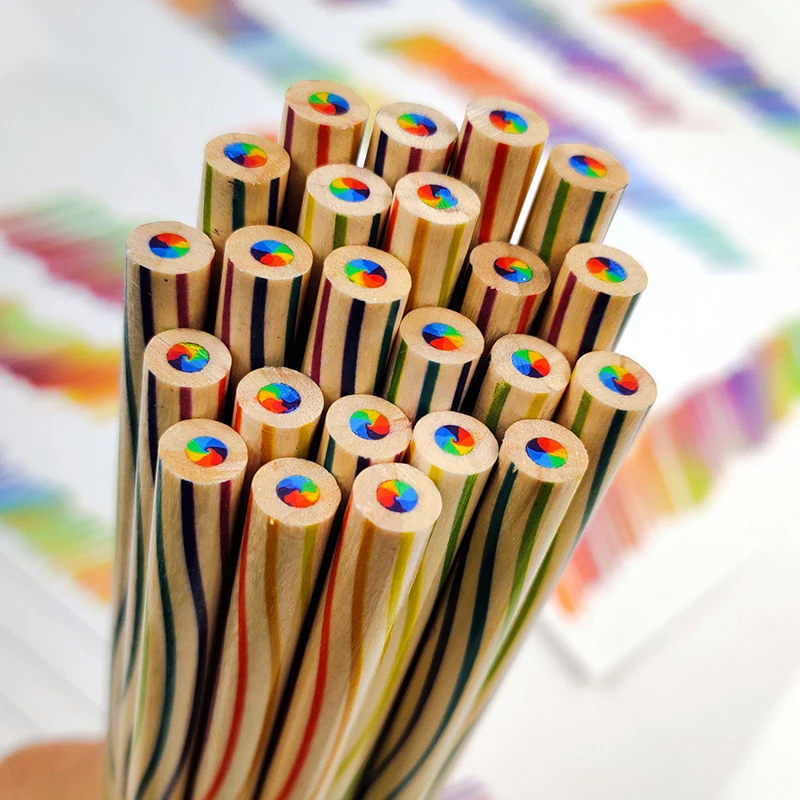 12PCS 17.5cm Drawing Pencil 7 Color In 1 Wooden Rainbow Gradient Colored Pencils For Coloring Sketching Colored Painting Gift