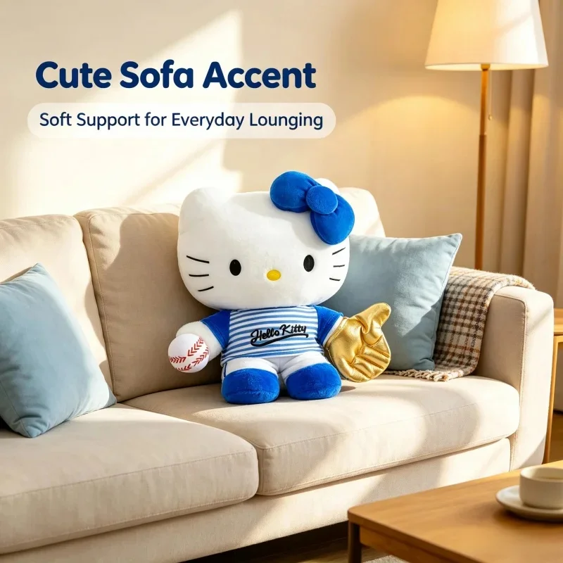 Cute Hello Kitty Baseball Player Plush Throw Pillow, Sport Outfit Stuffed Cushion, Sofa Dorm Bedroom Rest Home Decor Gift for Gi