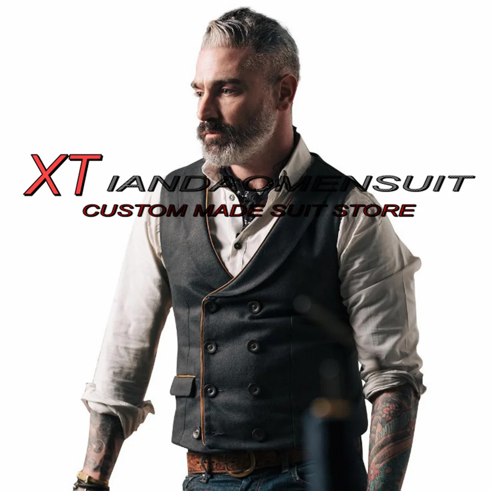 

Men's Suit Vest Retro Slim Fit Sleeveless Jacket Lapel Double Breasted Herringbone Waistcoat Male Steampunk