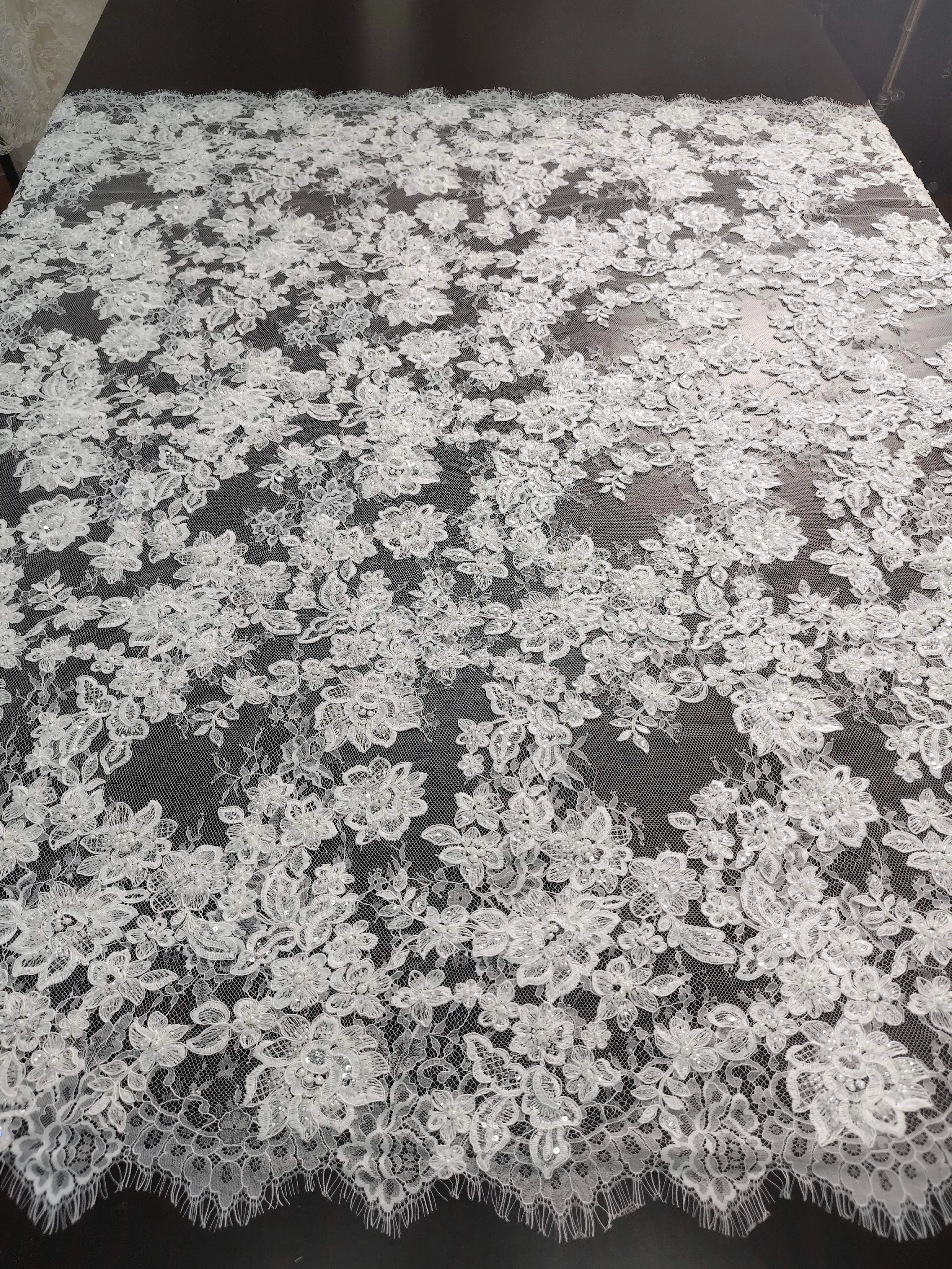Rope Embroidery Sequin and Bead Floral Lace Fabric-Perfect for Bridal Wedding Gowns and Veils