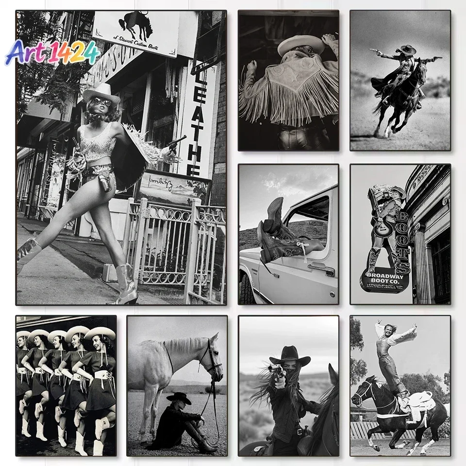 Vintage Black and White Wild West Fashion CowGirl Horse Equestrian Photography Poster Canvas Painting Wall Pictures Home Deco