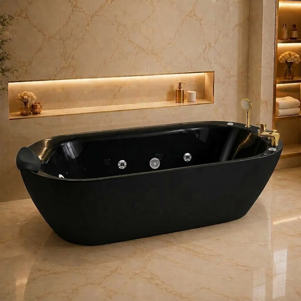 a*-Modern Oval Freestanding Hydrotherapy Massage Bathtub Built-in Water Jets Handheld  Hot Cold Tap for Luxury Home Bathroom.