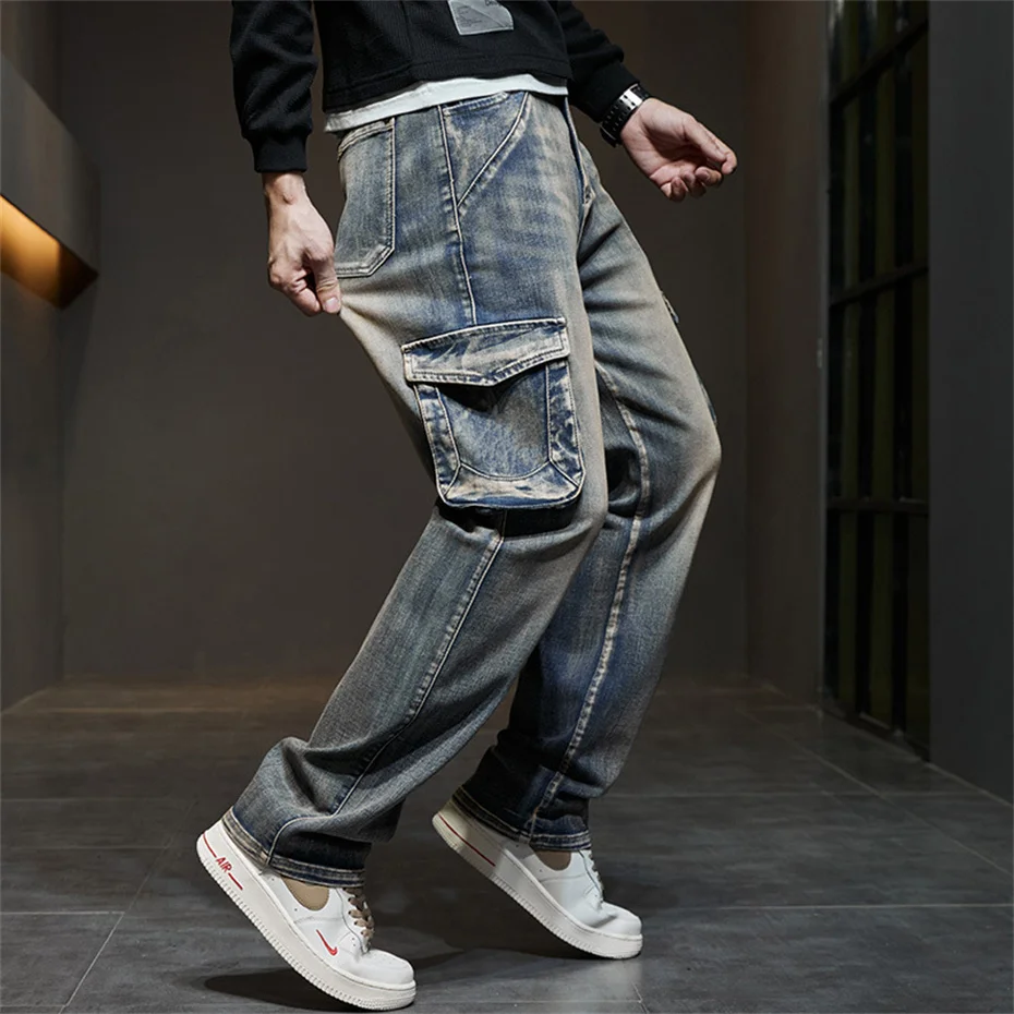 Vintage Denim Pants Men 44 Plus Size Jeans Fashion Casual Straight Pants Multiple Pockets Cargo Jeans Male Baggy Jeans Big Size