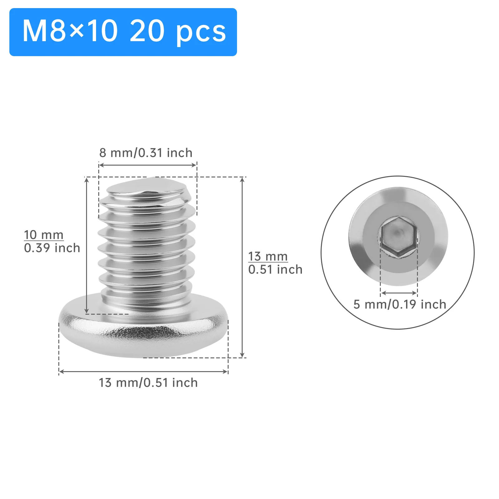20 pcs 304 Stainless Steel M8-1.25 x 10 / 12 /25mm Flat Head Socket Cap Screws Countersunk Bolts, Bright Finish Hex Socket Bolts