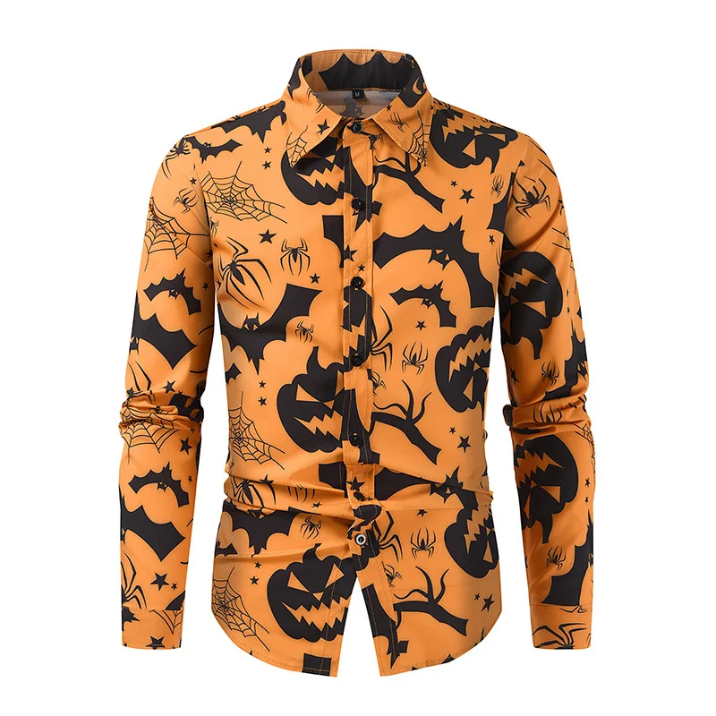 Mens Halloween Button Up Shirts Fun Pumpkins Printed Vintage Casual Long Sleeve Shirt Men Nightclub Party Prom Chemie Homme XXL