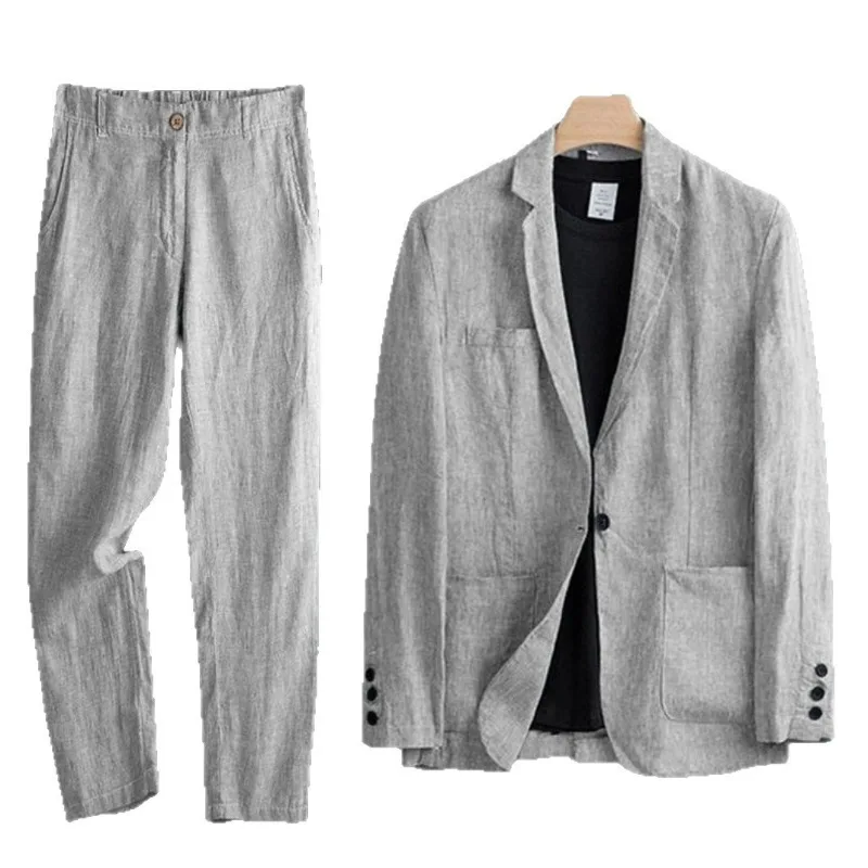 KIDWHXR Summer Men Suit Single-breasted Pocket Blazer Male Elastic Waist Pant Man Thin Cotton Linen Breathable 2-piece Outfit