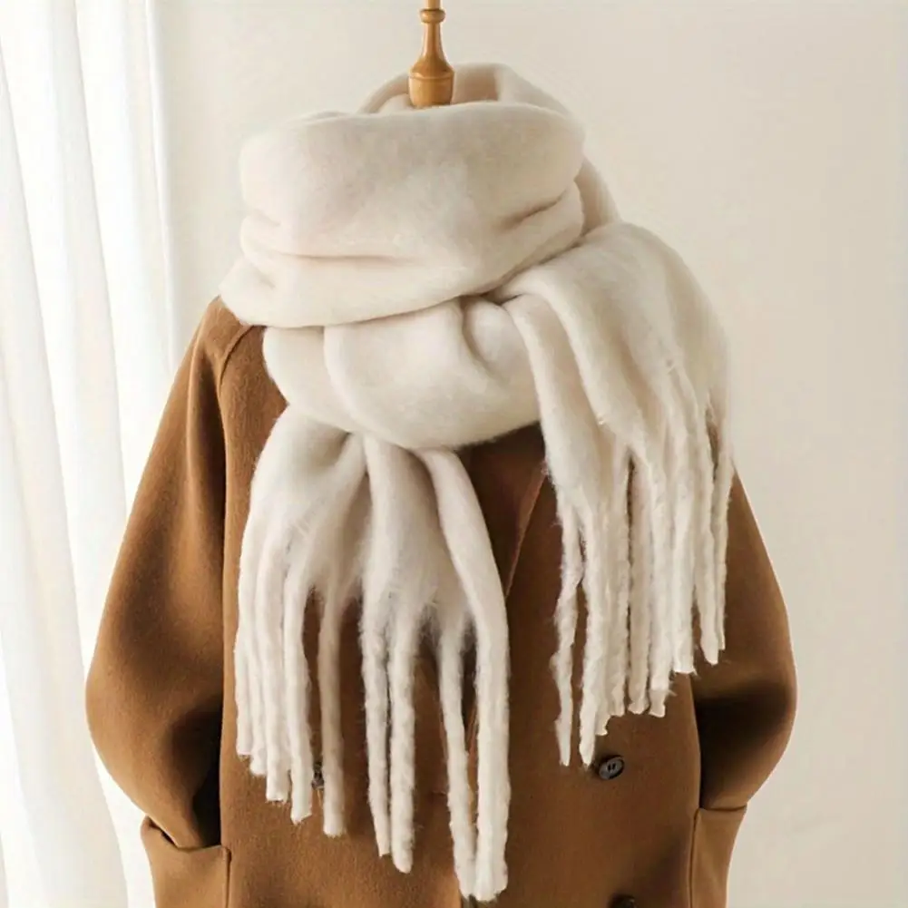Thickened Imitation Rabbit Velvet Scarf with Tassels Solid Color Neck Wrap, Warm Winter Shawl, Soft Neck Warmer for Cold Weather