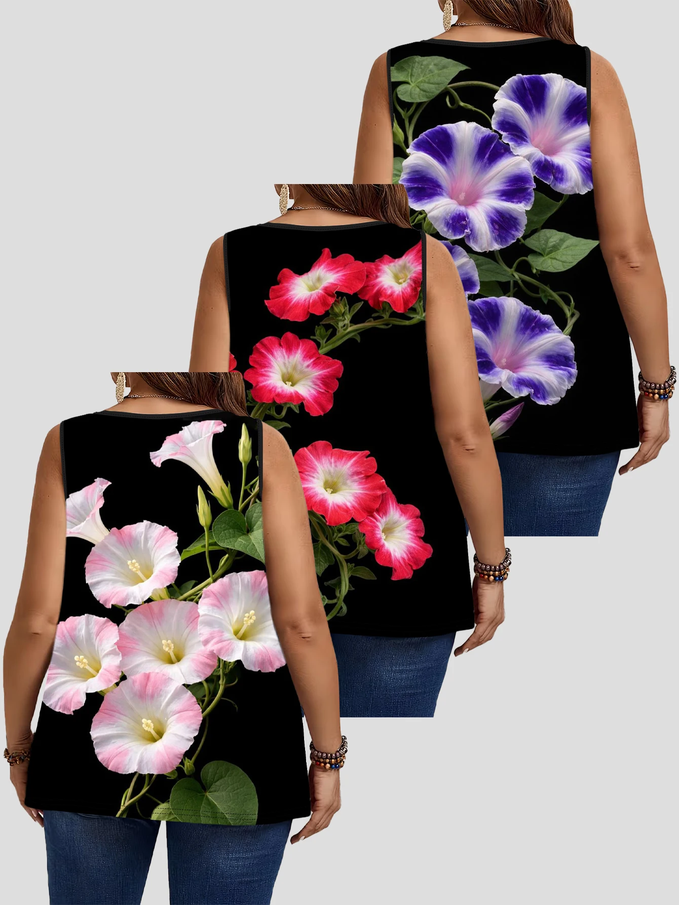 3-Piece Set of Plus-Size Women's Vests｜Vintage Black Background with Large Morning Glory Plant Digital Print, Loose-Fitting, Slimming, Round-Neck, Sleeveless Women's Top