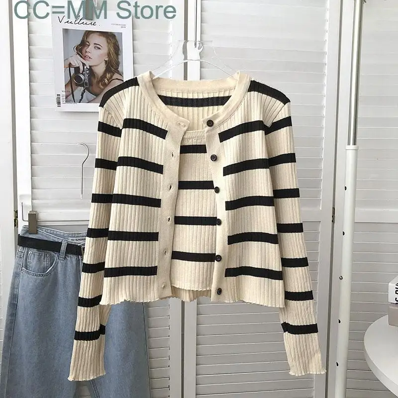 New Striped White Cardigan and Tank Tops 2 Piece Sets Office Ladies Fashion Long Sleeve Autumn Winter Knitted Sweater