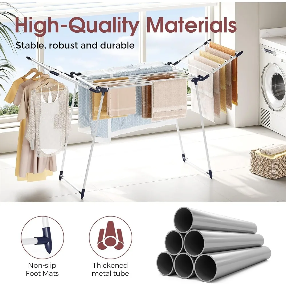 رف غسيل معدني قابل للطي للاستخدام الداخلي والخارجي، سعة كبيرة، تصميم مجنح، مثالي لتجفيف الملابس