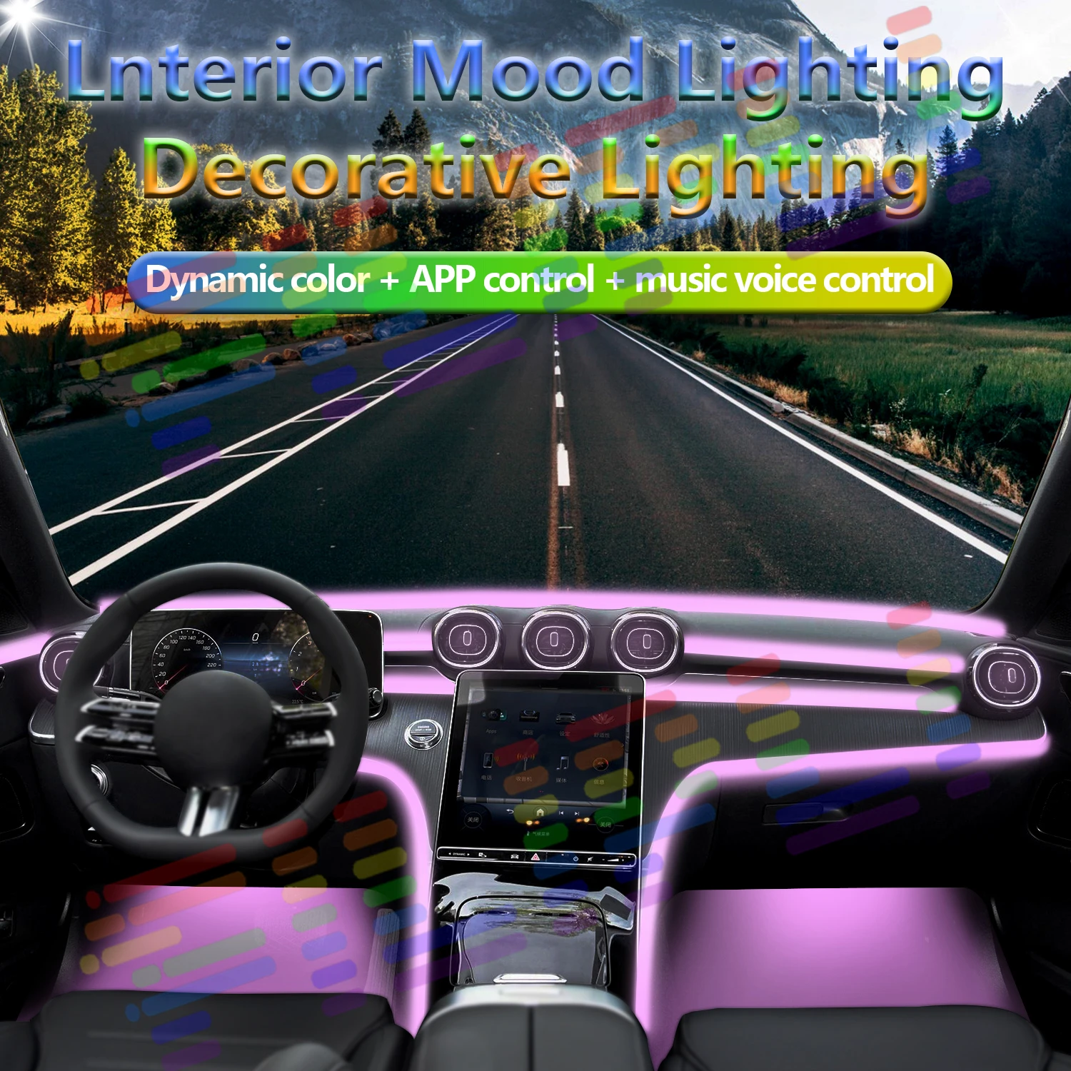 Car Ambient Lights Atmosphere Acrylic Lamp Strips App Control Auto Symphony Universal RGB Interior Colorful Rainbow LED Lighting