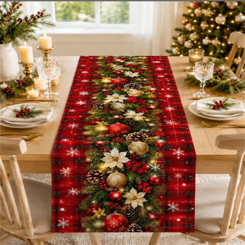Red Checkered Christmas Table Flag with Snowflakes, Christmas Balls, and Pine Cones Printed;Suitable for Christmas Parties