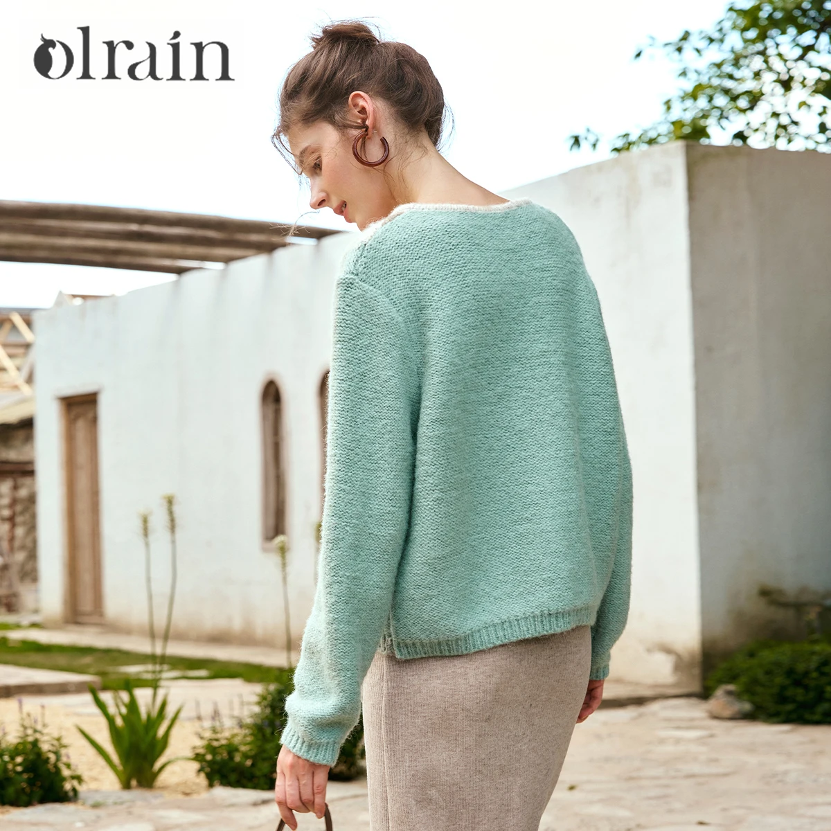 OLrain Spliced Geometric Knit Cardigan Women 2025 Spring Commute Casual Wide Crewneck Long Sleeve Ladies Sweater E56QM93932