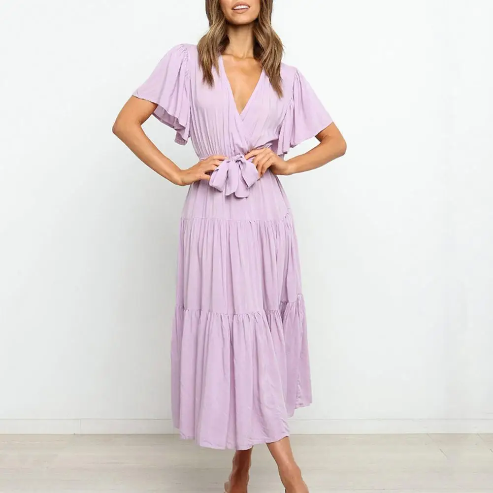 

Summer Ladies New Casual Solid Color Short Sleeve Maxi Dress Fashion Commute Lace-up High Waist Ruffled Dresses Bohemia Women's