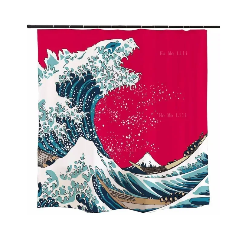 Red Blue Monster And Giant Wave Shower Curtain Bathroom Decor Is Waterproof And Washable