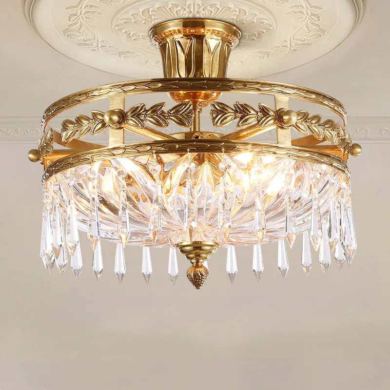 French Brass Crystal Ceiling Lamp Bedroom Dining Room Living Room Suspended Ceiling Light European Copper Round Ceiling Light