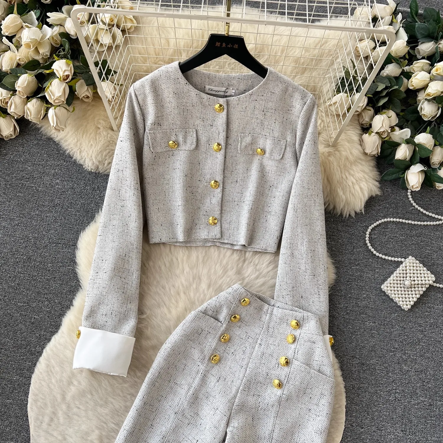 Grey women\'s tweed 2-pcs set long sleeved round neck jacket+high waisted pants new spring/autumn small fragrance style set