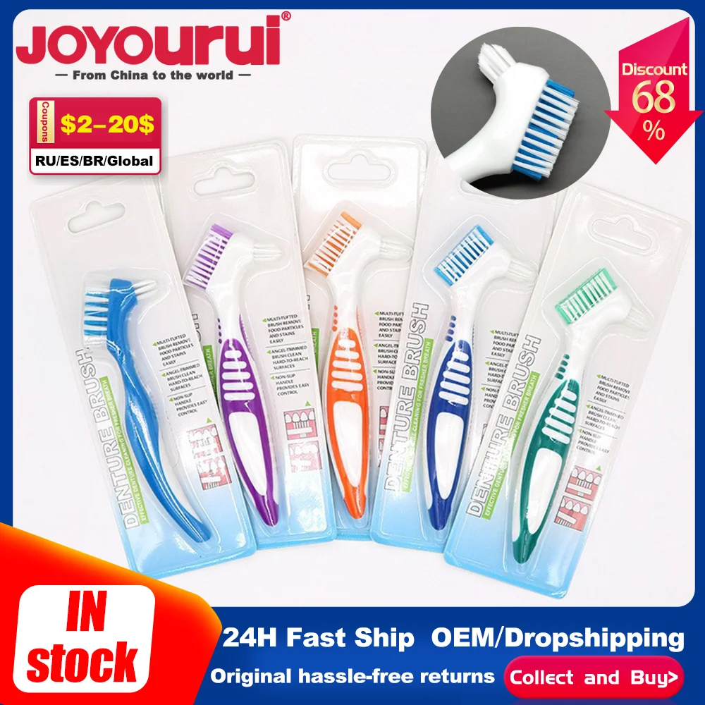 

Denture Teeth Brush Oral Care Non-Slip Ergonomic Rubber Handle Dual Heads Antibacterial Multi-Layered Bristles Cleaning False