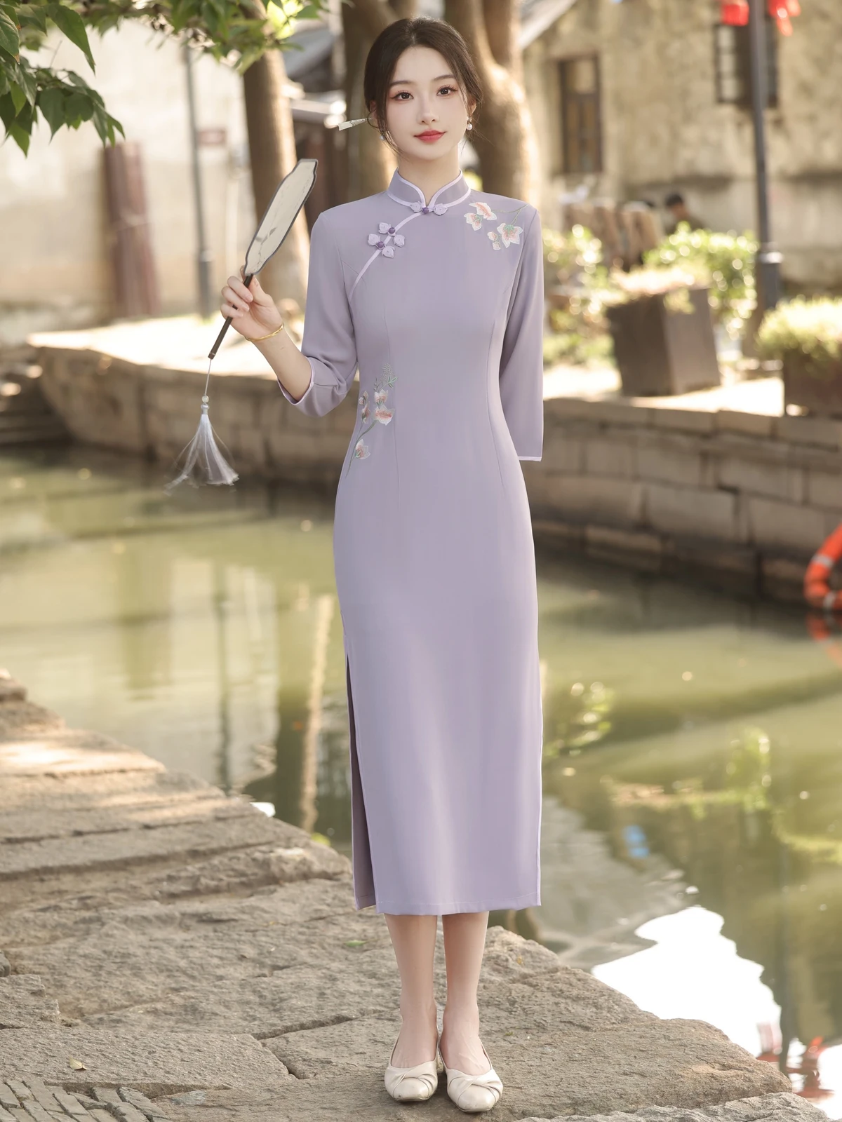 Young High-Grade Long Sleeve Republic of China Style Large Size Purple Cheongsam Autumn New Elegant Daily Women's Clothing