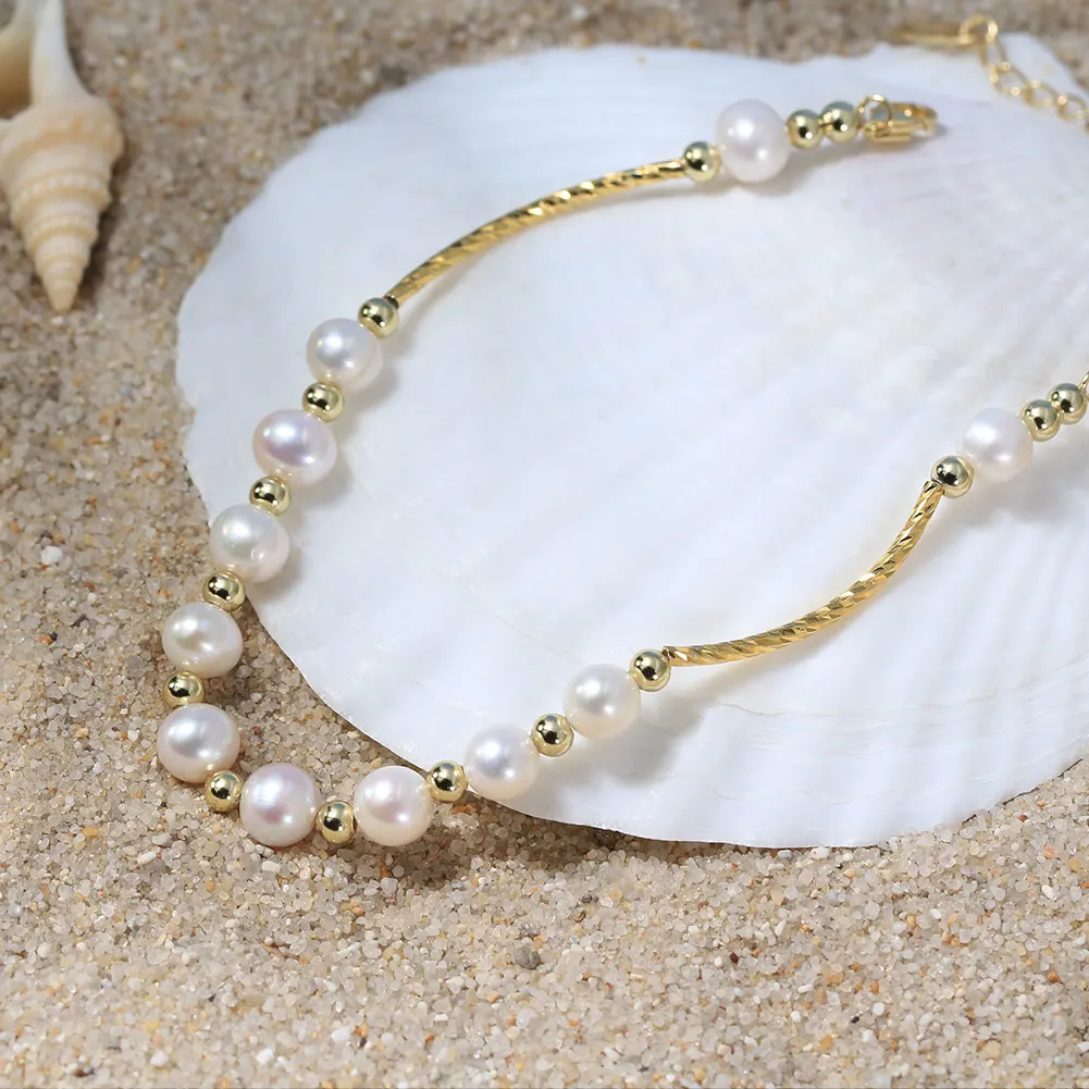 

Kiss Mandy 100% Natural Freshwater Pearl Bracelets 14K Gold Plated Female Pearls Charm Bracelet Wholesale Jewelry No Fade GPB31