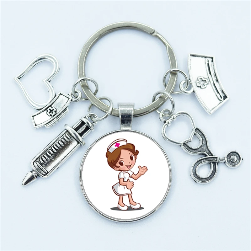 High / New Quality 1 Piece Nurse Medical Syringe Image Key Chain Glass Cabochon and Glass Dome Key Ring Pendant Gift