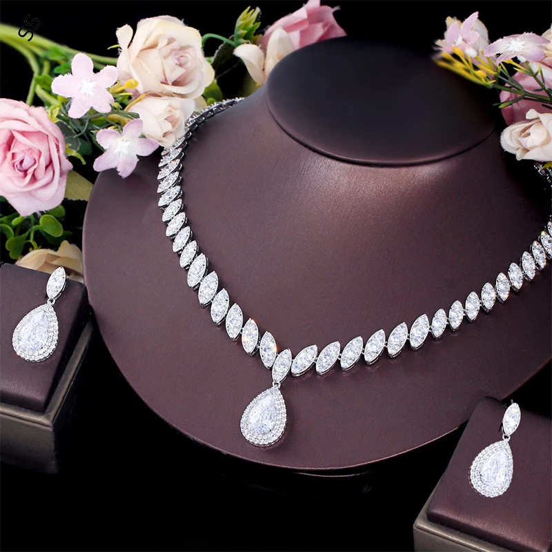 Korean Bride Jewelry Set Environmental Protection Copper Micro-inset Zircon Necklace Earrings 2 Pieces Chain Wedding Accessory