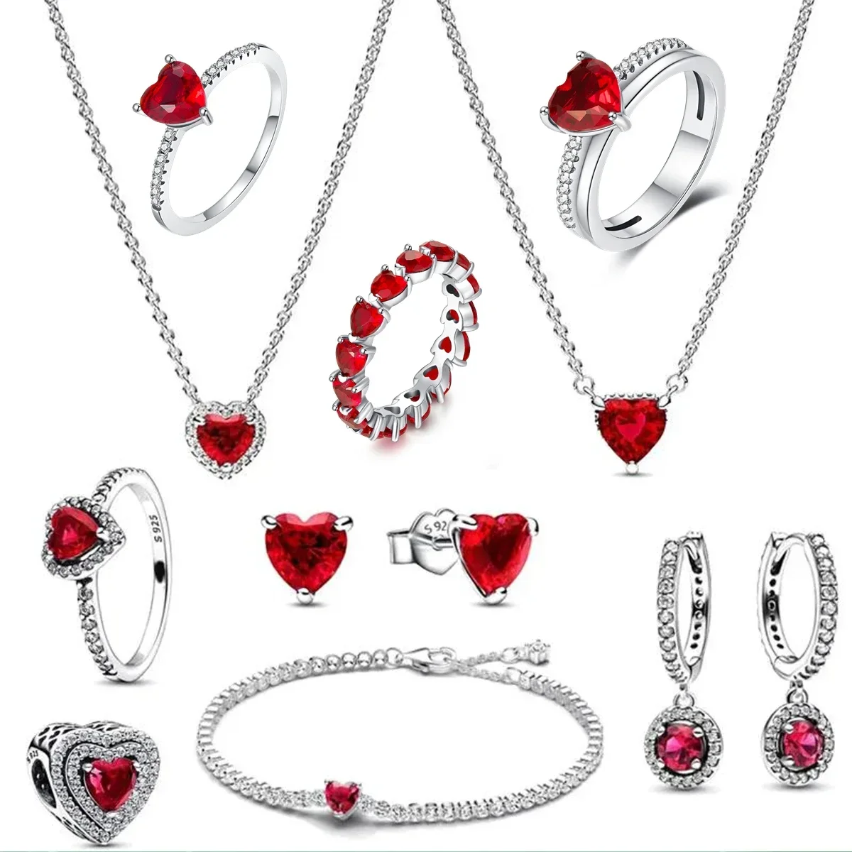 2024 925 argento scintillante cuore rosso Halo ciondolo ciondolo Fit originale cuore rosso braccialetto gioielli donna regalo di san valentino fai da te