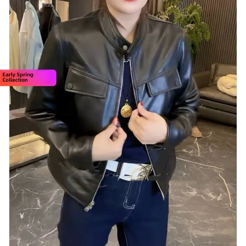 

Retro Faionable Stand Collar Casual eepskin Jaet Women's Spring Loose Fit Motorcycle Sle ort Coat Commute Sle