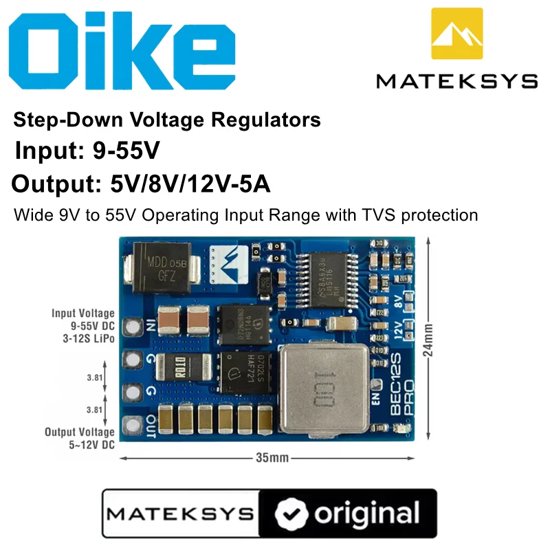 Oike Step-Down Voltage Regulator Matek Mateksys BEC12S PRO, input 9-55V, Output 5V/8V/12V, with TVS protection Buck, for Drone