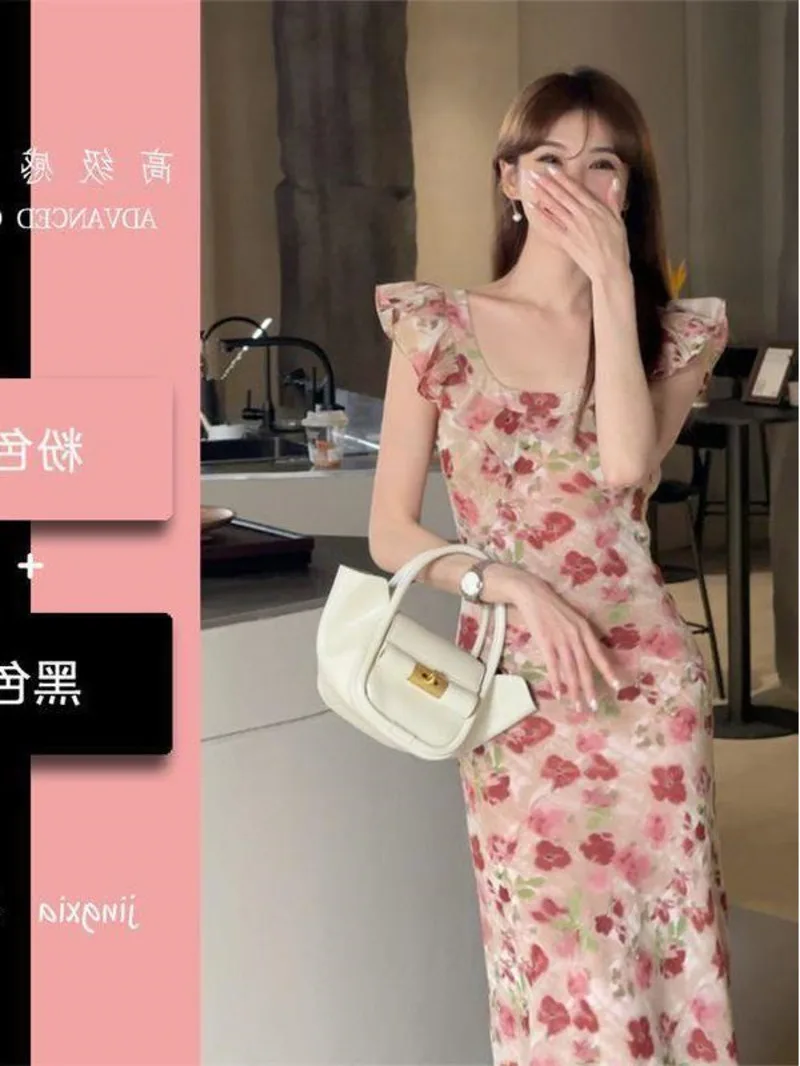 

French floral dress for women in summer 2024 new design with flying sleeves for a slim A-line long dress with a waistband TWMG