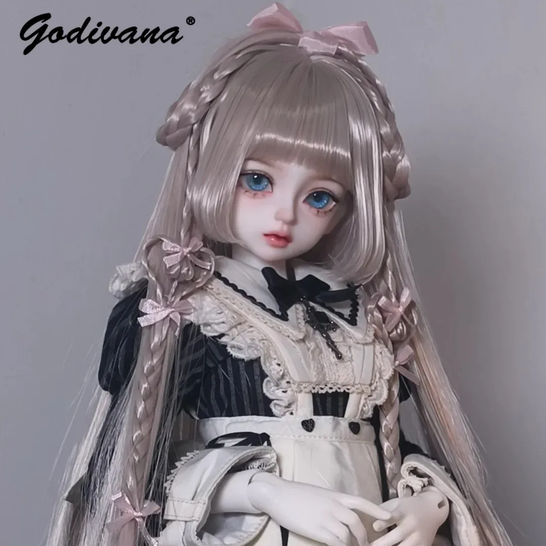 Original Girly 1/3 1/4 BJD Doll Wig Long Braided Hair with Pink Bow Cute Double Braid Bangs Doll Hair for 1/6 BJD Blythe