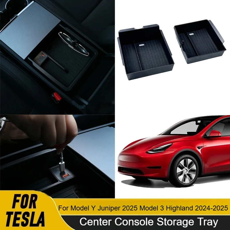 

Поднос для хранения на центральной консоли для Tesla Model Y Juniper 2025 Model 3 Highland 2024-2025, подлокотник, скрытый ящик для хранения, держатель для чашки