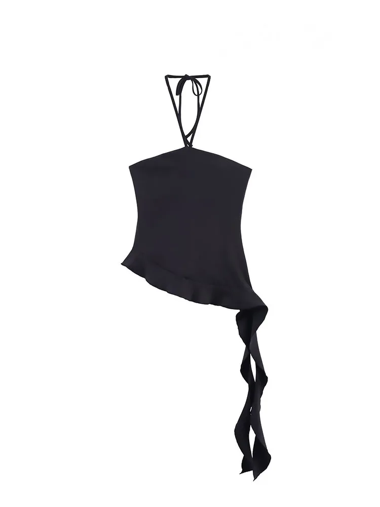 

HH Woman Fashion Solid Backless Laminated Decoration Neck Halter Texture Tops Women Summer Asymmetry Sleeveless Sexy Tops