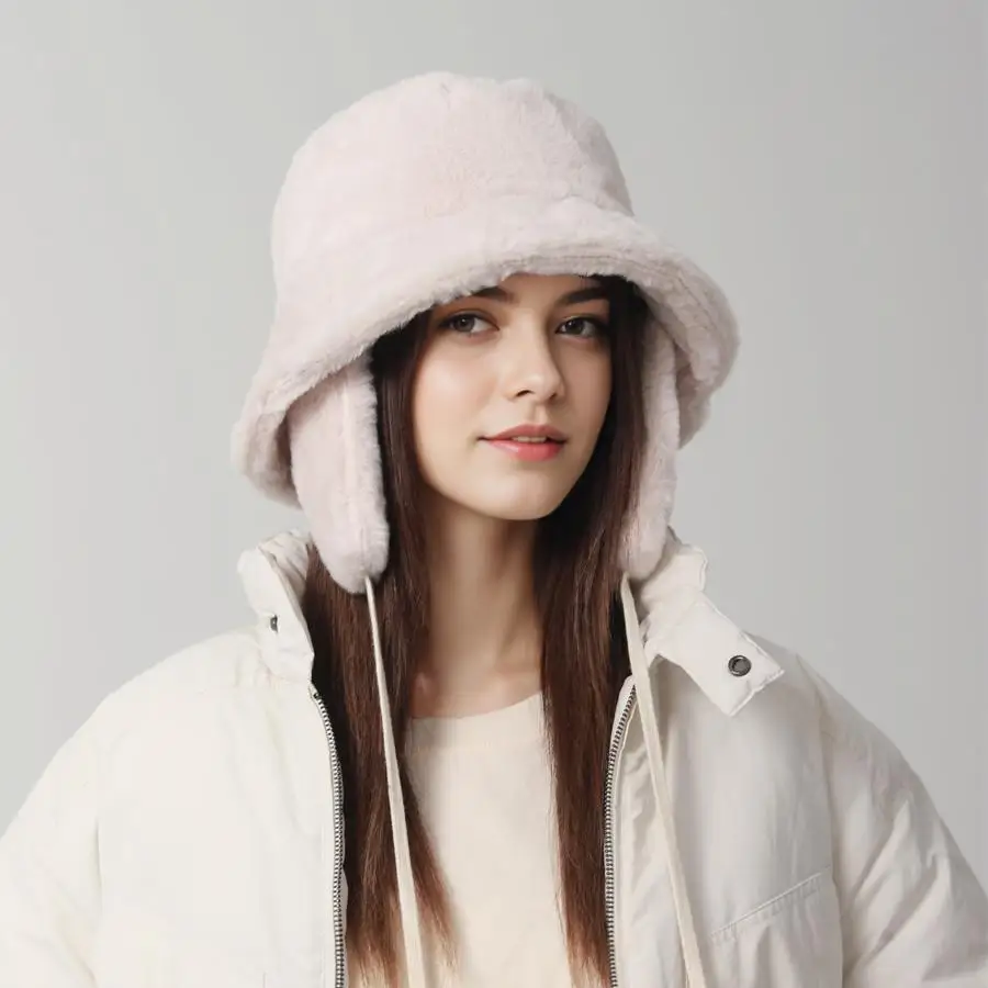 Plush fisherman hat, women's autumn and winter cold proof and warm hat, thickened and detachable ear protection basin hat