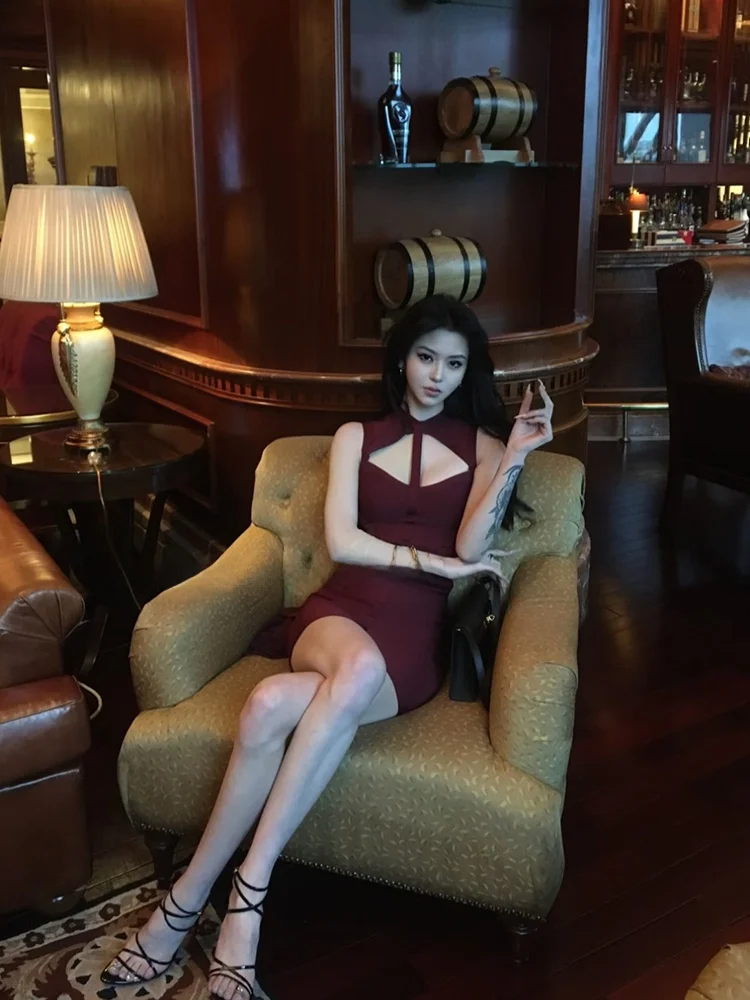 Red Wine Color Hollow out Sleeveless Women's Dress N13 SYXATN High Waist Bodycon Skirt Commute Style Spring Summer Dress