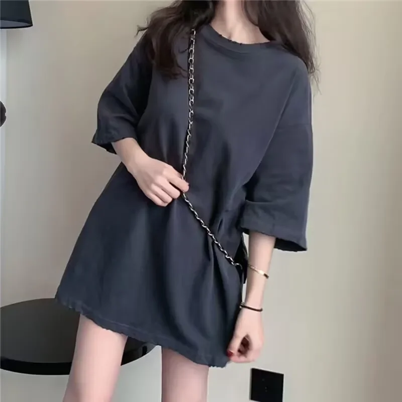 Camiseta de algodão puro manga curta feminina, extragrande, simples, gola redonda, top de meia manga, preto e branco, versátil, verão