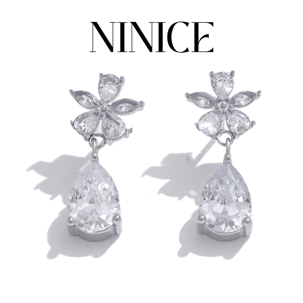 

NiNice Delicate Shiny AAA Cubic Zirconia Flower Water Drop Dangle Earrings 316L Stainless Steel Temperament Jewelry Gift