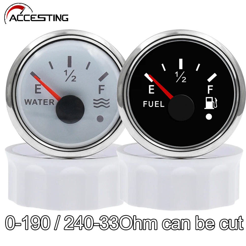 52MM Fuel Level Gauge Water Level Gauge 0-190/240-33OHM With Red Backlight & Alarm For Marine Car RV Camper Yacht 12V/24V