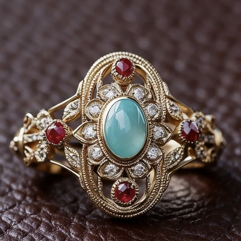 

2026 New Eco-Friendly Alloy Ring - Palace Style Gold Plated Inlaid Color Gem Jade Seal Inspired Women's European Fashion Jewelry